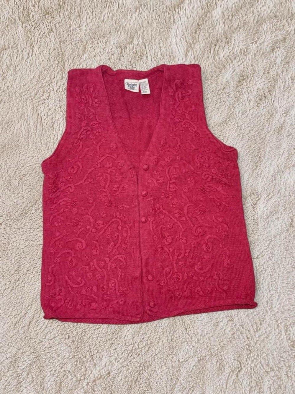 Vintage 90s Raspberry Pink Grape Vine Floral Knit Button Front Sweater Vest